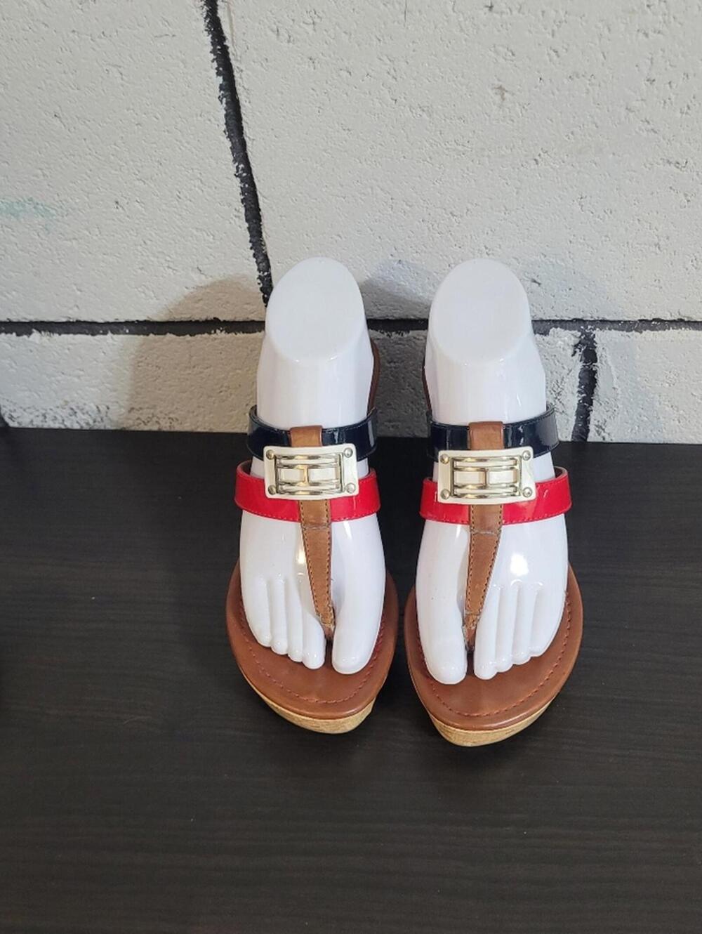 BUNDLE SALE!  TOMMY HILFIGER Red & Navy Heel Sandals Gold Logo  Sz 7